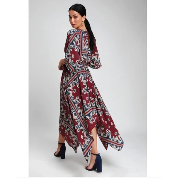 Lulus Delta Floral Print Dress Womens Small Burgundy Asymmetrical Flowy Romantic - Picture 2 of 16